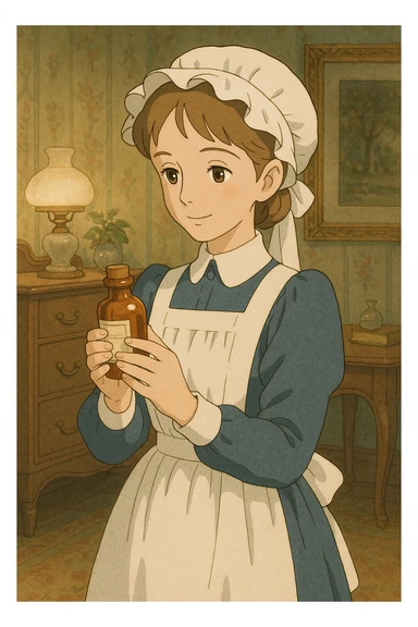 victorian nurse holding a medicine bottle sticker