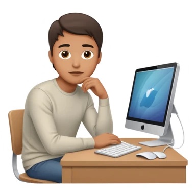 emoji of a man sitting at the table with an imac on it, a man sits in a very thoughtful pose sticker