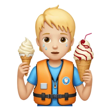 kid wearing lifejacket, holding ice cream sticker