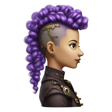 Photorealistic steampunk profile short mohawk purple  curl on Caucasian girl with small nose round face sticker