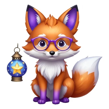 a small magical fox with shimmering purple and blue fur, a glowing fluffy tail, a silver star on its forehead, round glasses, and a tiny lantern. ❤️ sticker