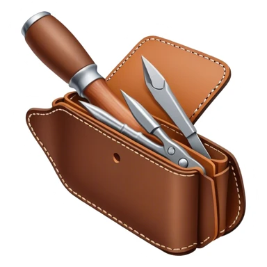 Leatherworking icon, piece of raw leather being crafted into a leather wallet or belt, professional tools like leather stitching awl, edge beveler, hammer, prying tool, minimalistic style, clean lines, transparent background. sticker