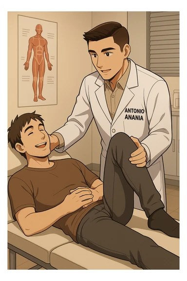 fai un webtoon manga a colori con questo stile, in cui un uomo è steso sul lettino medico e il kinesiologo con il camice bianco (fagli anche la scritta "ANTONIO ANANIA" SUL CAMICE, gli solleva una gamba per fargli il test neuromuscolare, IL KINESIOLOGO SPIEGA ALL'UOMO UNA cosa mentre gli alza la gamba. l'espressione dell'uomo è felice e soddisfatta, non fare i fumetti però, fai solo in modo che sembri stiano parlando, il lettino fai in modo che si veda tutto intero sticker