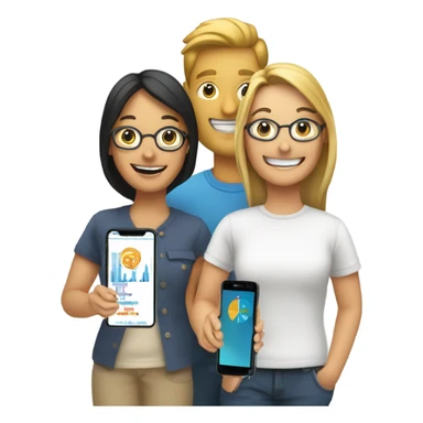 group with three happy person with a smartphone showing charts sticker