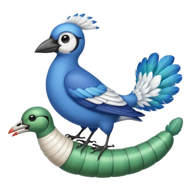 a bird jay wearing a lid, standing on a worm sticker