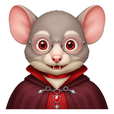 Vampire animal, rat in red collar cloak, red eye, fangs, classes sticker