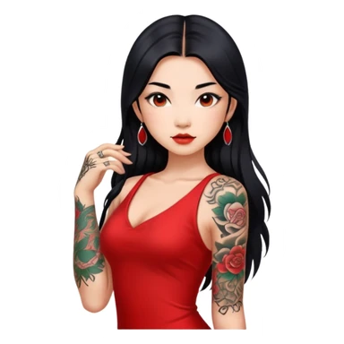 Beautiful Asian girl with long black hair and body tattoos wearing a red dress sticker