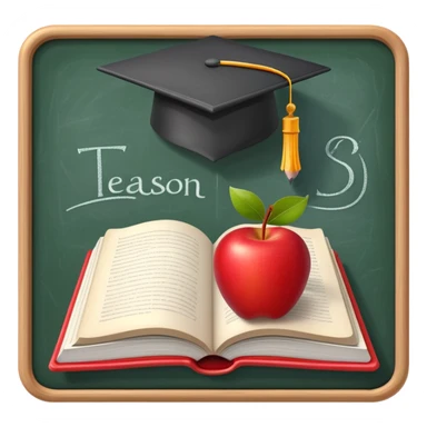 An icon featuring an open book, a pencil, and an apple, symbolizing education and pedagogy. The design includes a chalkboard with a lesson plan and a graduation cap, representing teaching and learning. Transparent background highlights the nurturing of knowledge and growth. sticker