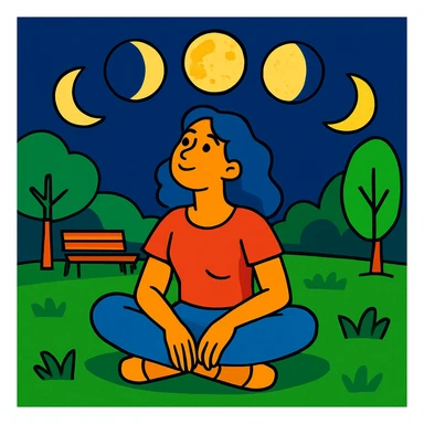 colorful cartoon style of a woman sitting on the grass in a park, looking up, surrounded by the moons of the 4 phases sticker
