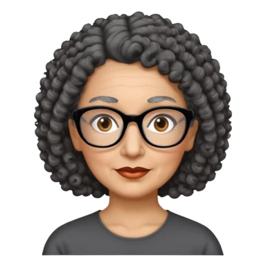 femme 60 ans cheveux gris foncé très bouclé attaché et yeux marrons foncé,  lunettes rectangle noir sticker