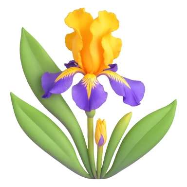 Detailed iris flower with rich purple color, classic iris structure with three hanging falls and three upright standards, green stem and leaves sticker