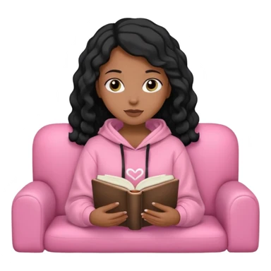 Una chica linda de cabello negro con ondas hasta los hombros de piel blanca con una sudadera rosa en un sofá cómodo y hermoso leyendo la biblia sticker