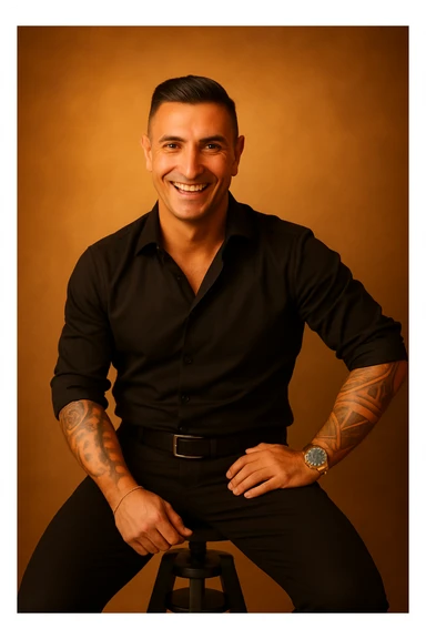 Make the man appear more energetic and vital with a warm atmosphere and a more radiant smile, in a realistic style, aspect ratio 2:3. sticker