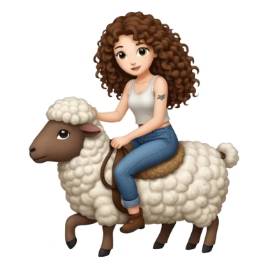 cute woman long curly brown hair tattoos riding fluffy sheep sticker