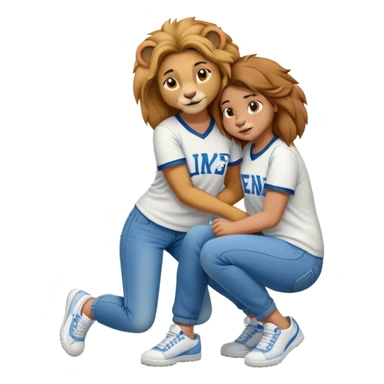 friendly anthropomorphised female lion wearing a baseball shirt, jeans, and trainers, on her hunches, comforting a friend sticker