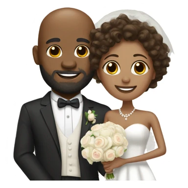 Black bald man with a beard and his wife with long, brown, curly hair on their wedding day sticker