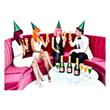 we sit around a banquette, a long, curved sofa adjacent to two small low tables brimming with bottles of Perrier-Jouët champagne, Belvedere vodka, carafes of orange juice and cranberry juice in silver ice buckets, and neat little stacks of glass tumblers. The table is right next to the DJ booth. sticker