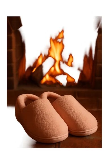 pink cozy slippers by a fireplace with warm glow sticker