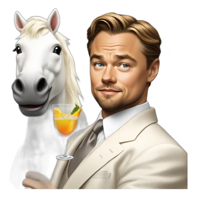 Leonardo DiCaprio smiling, raising a glass of cocktail and riding a white unicorn as a rich billionaire sticker