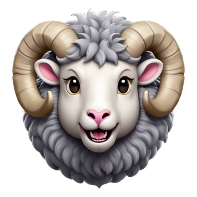 Cinematic Comical Ram Portrait Emoji, Head tilted dramatically with an exaggeratedly amused expression, featuring a striking woolly grey fur with impressively curled horns, wide, expressive dark eyes filled with playful disbelief, Simplified yet hilariously expressive features, highly detailed, glowing with a slightly sassy glow, high shine, dramatic yet playful, stylized with an air of cheeky mischief, bright and endearing, soft glowing outline, capturing the essence of a spirited and over-the-top ram, so meme-worthy it feels like it could butt its way into internet fame instantly! sticker