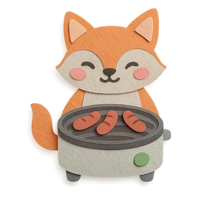 cute fox-shaped electric grill cooking tiny sausages, blushing, pastel grey, full-body sticker