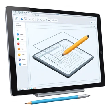 Create an emoji for 3D visualization and modeling. Show wireframe model that pops out from the screen of a large graphic tablet with a stylus drawing in a 3D modeling program. Use modern, professional colors. Do not include any emojis or smiley faces. Make the background transparent. sticker