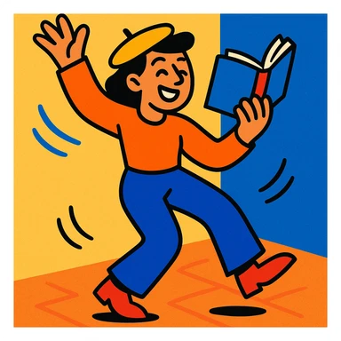 a person multitasking: dancing and reading a book at the same time, dynamic movement, book open, cheerful mood sticker