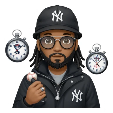 African American Man with shoulder length black dreadlocks with black beard wearing black sunglasses wearing a black bubble winter coat and a New York Yankees logo baseball cap holding a stopwatch sticker