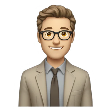 Joyful Pale skinned Fit Man With dark brown hair in gray jacket, beige office shirt, Brown pants and vintage glasses. His thrumbs up sticker