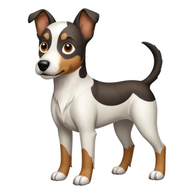 a full body large white floppy eared parson russell looking dog the size of a kelpie with light brown ears and a light brown patch on one eye and a large snout sticker