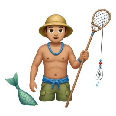 A Polynesian fisherman standing in the water fishing with a net sticker