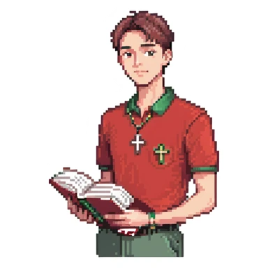 full body man wearing a red polo shirt, cross necklace, clean haircut, holding a book, head to toe sticker