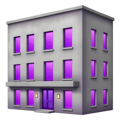 Small gray concrete apartment building with bright purple window glow, stark and simple sticker