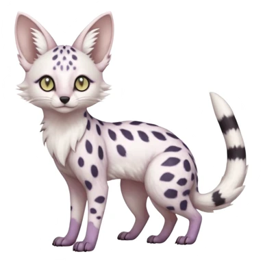White Albino pastel whitish grey-spotted Serval-Civet-Genet-Trico-Furret-Linoone-Noibat-Espeon-Fakémon-Pokémon-animal-hybrid-fusion-creature (full body) with vibrant glowing eyes, cute, elegant, soft, realistic, pastel fur sticker