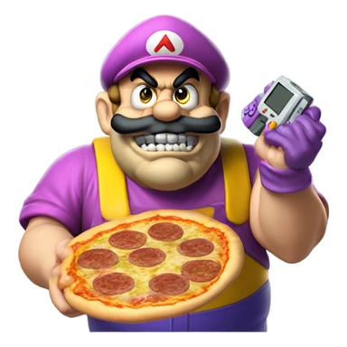 wario sneering with a joypad in one hand and a pizza in the other sticker