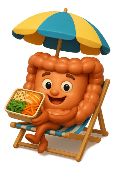 EMOJI STILE IPHONE DI INTESTINO IN SPIAGGIA SU UNA SPIAGGINA SOTTO L'OMBRELLONE CON IN MANO UNA SCHISCETTA DI Insalata di quinoa e pollo con rucola e carote, iperrealistica 4k sticker