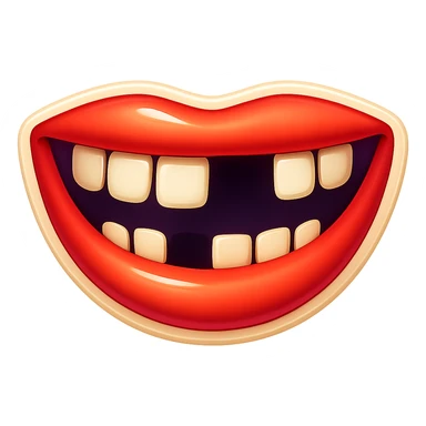 Edit the emoji to have a wide smile with two missing teeth, keeping the same retro stickers style and no background. sticker