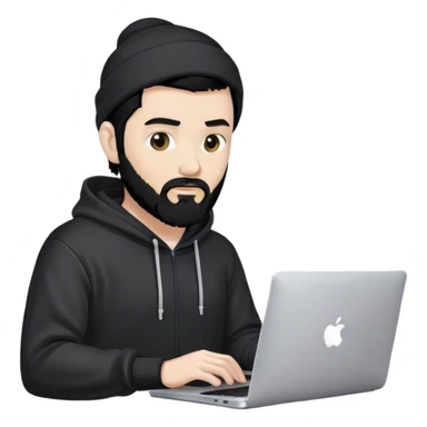 hackeur blanc cheveux noir barbe et capuche noir avec un macbook sticker