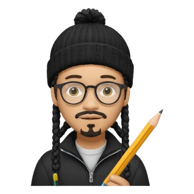 A creative young man with a pencil, glasses and a beanie. He holds a pen in his hand. He has dreadlocks, a slight moustache and bit of a beard. He's a lightskin blAsian man. He wears a black quarterzip jumper. sticker