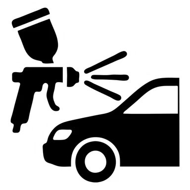 solid icon of a paint spray gun aiming at a car section, glossy black paint spraying out, silver details, clean lines, minimal and elegant sticker