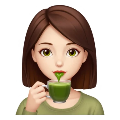 beautiful brunette with slightly cherry red tinted hair , with dark hazel eyes (let's call her kami), sipping matcha sticker