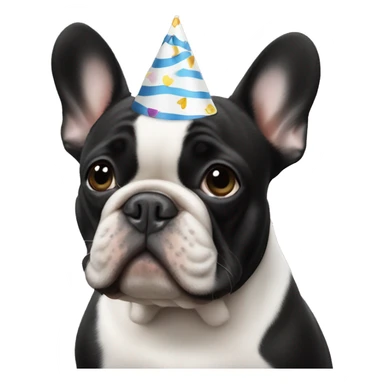an all-black French bulldog with a white breast in a birthday cap sticker