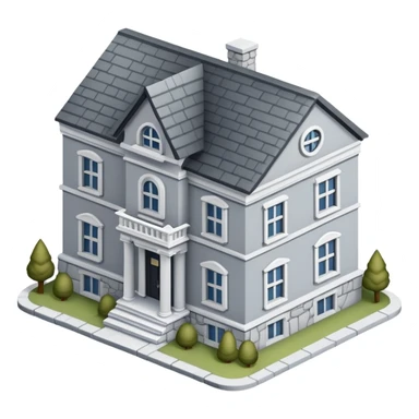 Gray stone fraternity house, isometric dollhouse-style, realistic sticker