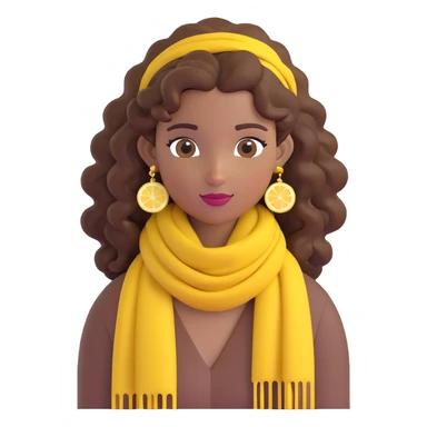 bohemian girl emoji, brown skin, long curly brown hair worn up, lemon yellow scarf, round earrings sticker