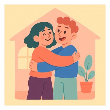 two people hugging inside a house, soft pastel style sticker