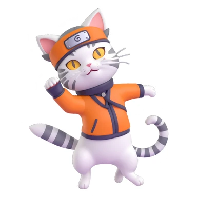 anime style cat dancing with a naruto headband, dynamic pose showing movement, no background sticker