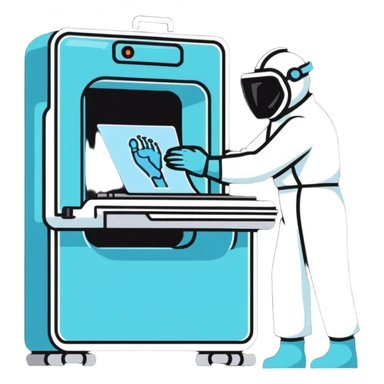 A friendly radiologist operating an X-ray machine, wearing protective gear sticker