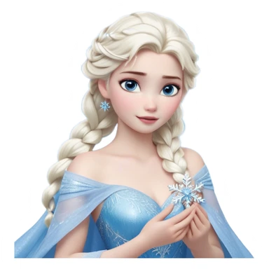 Cinematic Realistic Elsa Portrait, depicted with lifelike skin texture, soft natural lighting, and intricately detailed platinum blonde hair styled elegantly. Her striking, expressive blue eyes exude confidence and grace, complemented by a serene and regal expression. She holds a shimmering snowflake delicately in one hand, her other hand resting against her gown, embodying the power and beauty of winter. She is dressed in her signature icy attire, with shimmering fabric textures and delicate folds that catch the light beautifully. The portrait features a soft, enchanting glow with a cool, radiant finish, capturing the essence of timeless elegance in a realistic and painterly style. sticker
