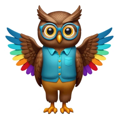 friendly anthropomorphised night owl with wings instead of arms, colourful pants and shirt, wearing glasses, walking upright, night owl features and colours, unique pose 1 sticker