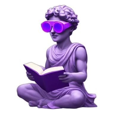 an EMOJI OF A ancient young greek statue reading a book, wearing VR glasses, purple colors, DIGITAL UNIVERSE sticker